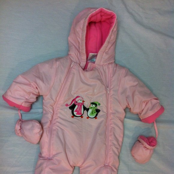 🪴 OKIE DOKIE GIRLS HOODED SNOWSUIT WITH MITTENS SIZE 6-9 MONTHS 🪴